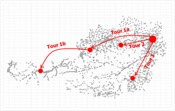 Schwarze Punkte repräsentieren die Kundenverteilung, rote Punkte Lager und Hubs, rote Linien die Linehaul-Kurse